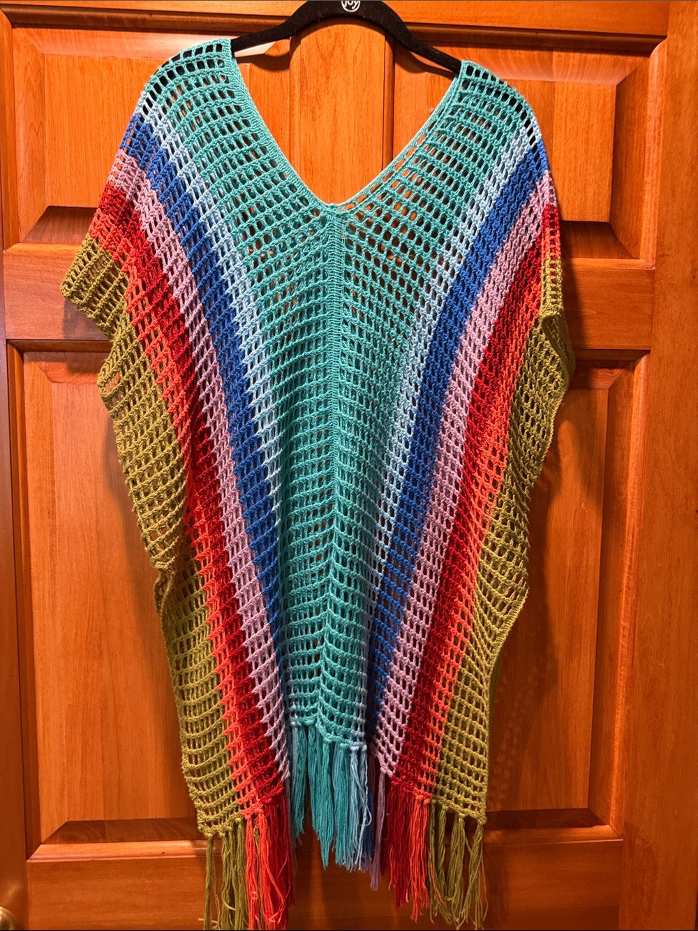 Source Unknown Turquoise Multicolor Crochet Fringe Poncho